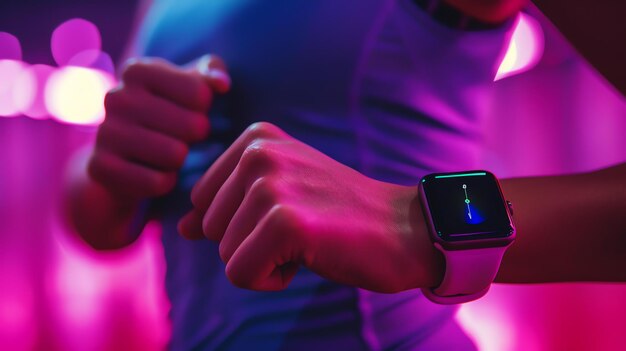 Foto un giovane che controlla il suo orologio fitness tracker mentre si esercita in una palestra illuminata al neon indossa una camicia viola e un orologio bianco