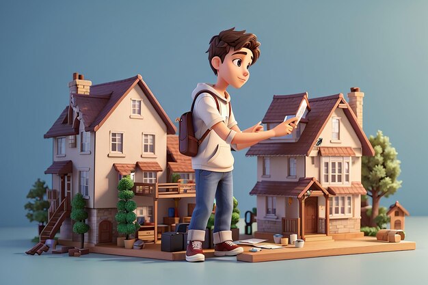 Young man checking house prices 3d character illustration