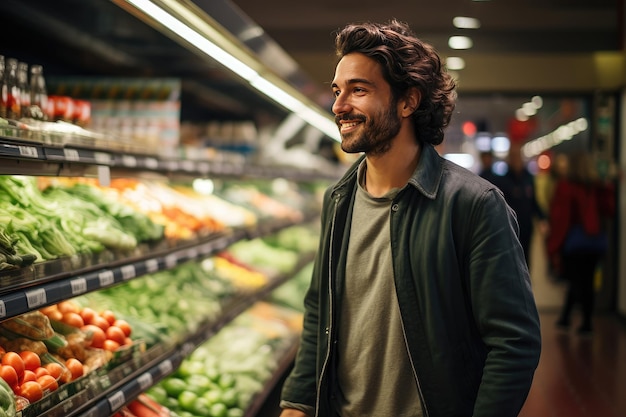 Foto un giovane sceglie frutta o verdura fresca in un supermercato