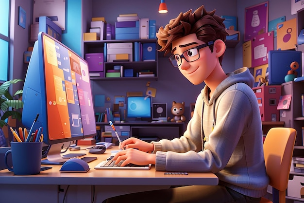 Young man choosing colors and fonts on computer 3d character illustration