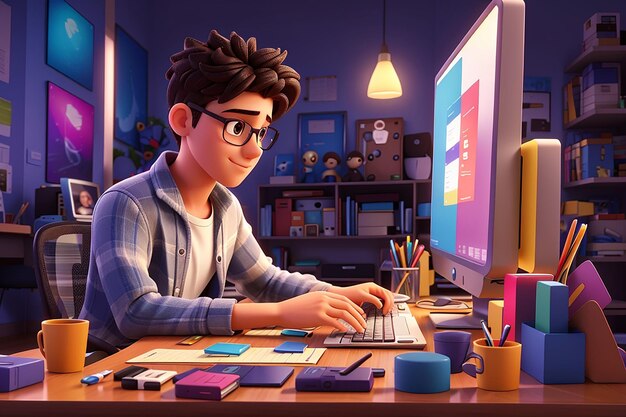 Young man choosing colors and fonts on computer 3d character illustration