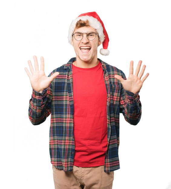 Young man at Christmas doing gestures