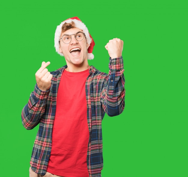 Young man at Christmas doing gestures