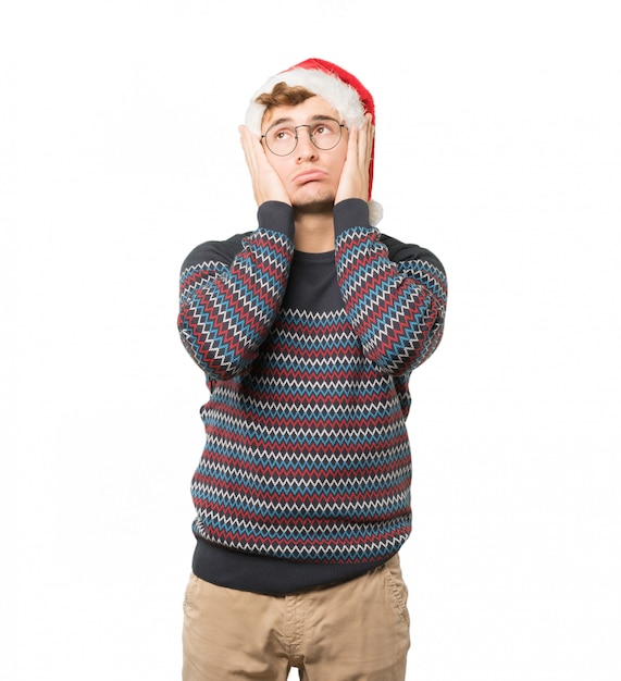 Young man at Christmas doing gestures