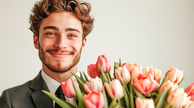 A young man in a classic suit with a tie holds a bouquet of tulips and smiles