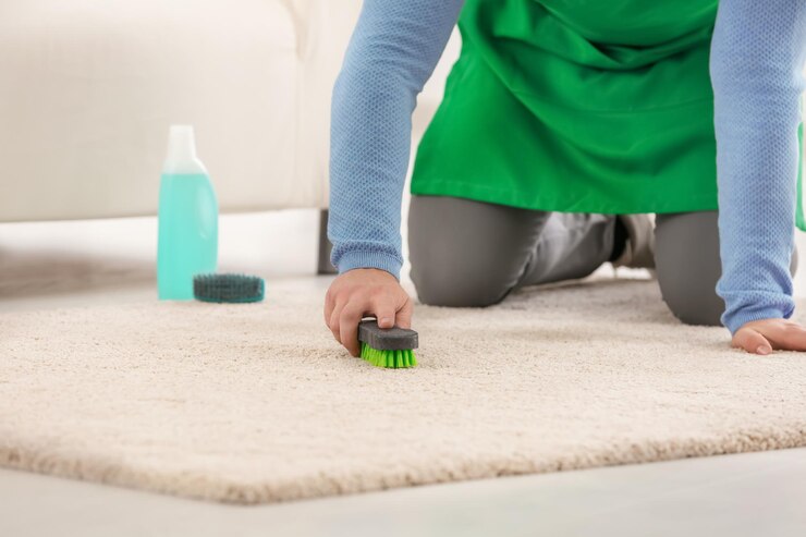 Young man cleaning carpet with brush indoors