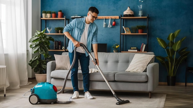 Young man cleaning sofa with vacuum cleaner in leaving room at home