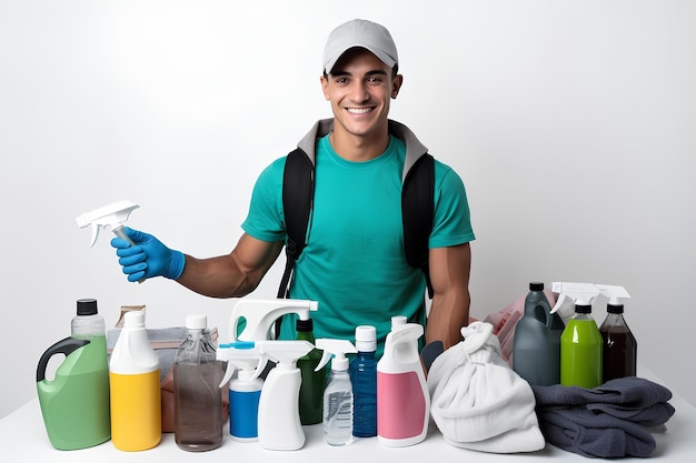 Young man cleaning worker with cleaning supplies and equipment in blue and white background