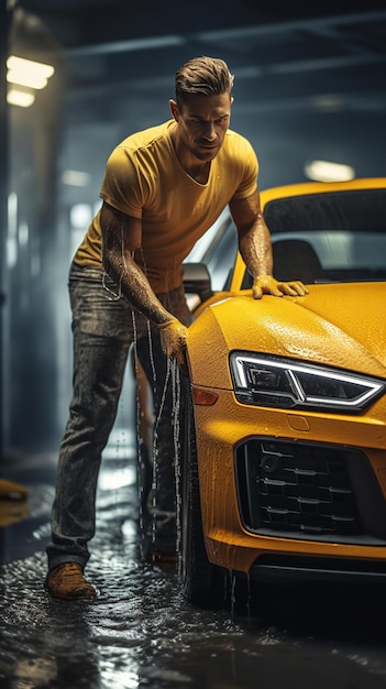 Photo a young man cleans his sports automobile generative ai