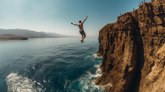 Photo a young man cliff jumping in to the ocean extreme sport concept