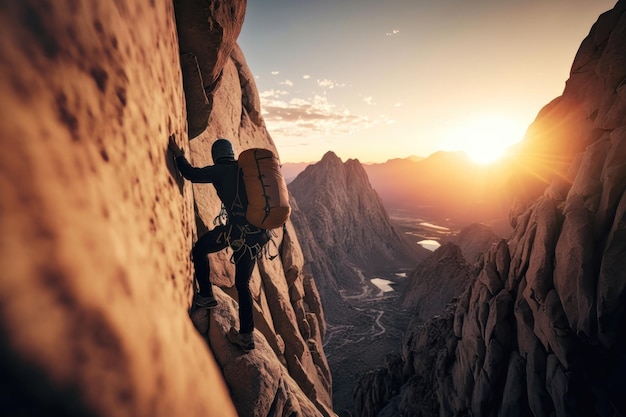 Young man climbing wall with belay with sunrise valley on the background AI Generation