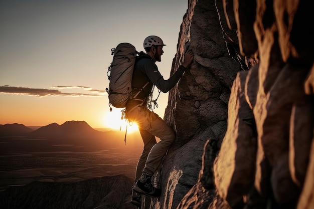 Photo young man climbing wall with belay with sunrise valley on the background ai generation