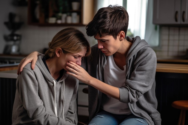 Foto un giovane che conforta la sua ragazza triste mentre lei piange in cucina