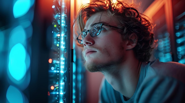 A young man computer technician looks stressed after having trouble with a server It conveys that even the new generation of computer system administrator has problems that cannot be solved as well