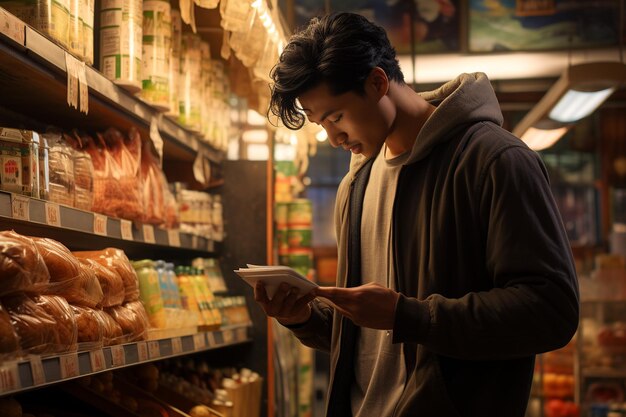 Young man contemplating product choices in grocery aisle