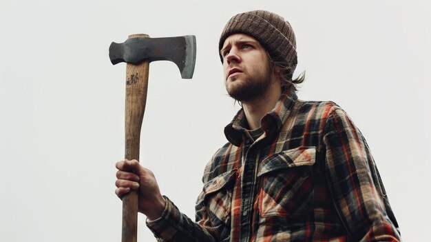 Photo young man contractor with axe isolated on white background