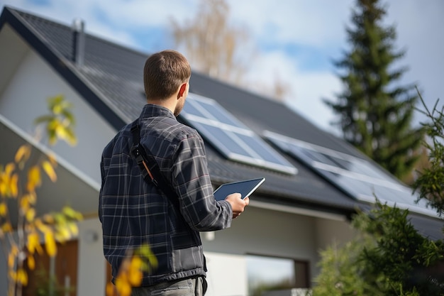 young man controlling with a tablet the solar panel on the roof of a residential house