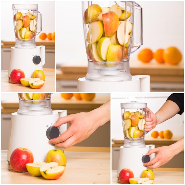 Young man cooking apple smoothie in blender