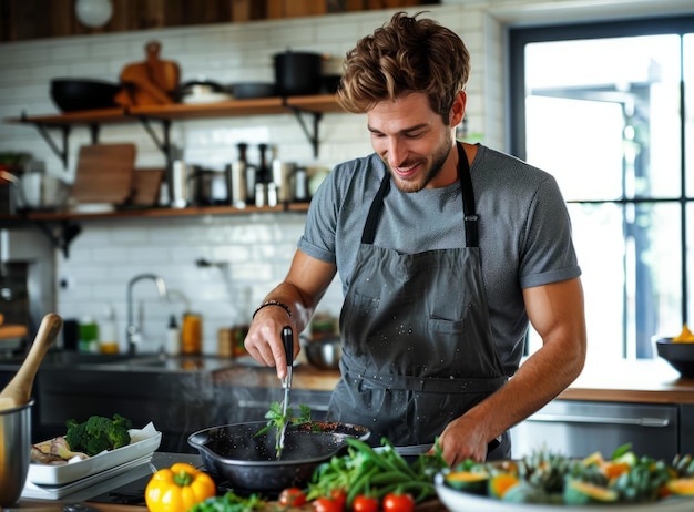 Photo young man cooking in the kitchen