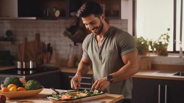 Young man cooking lunch at home Handsome man preparing delicious food