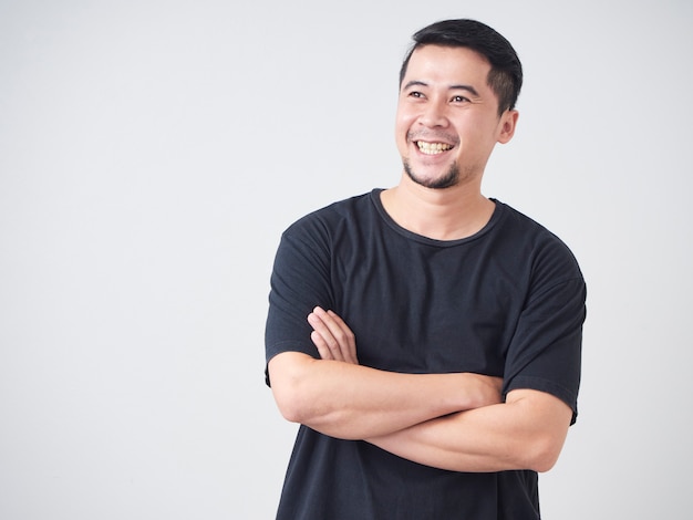 Young man crossed arms while standing.