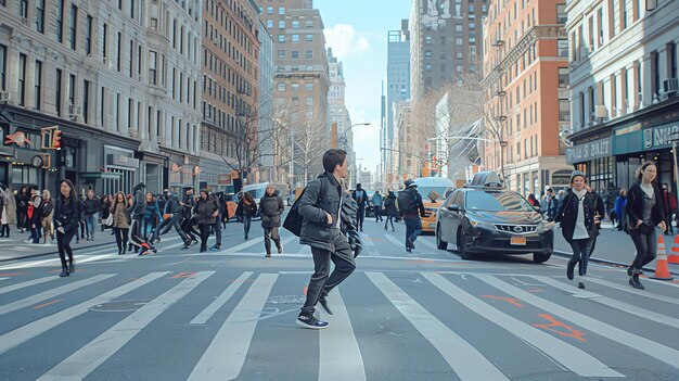 Young man crossing a busy street in the city