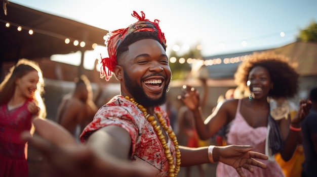 Young man dancing at outdoor party surrounded by friends