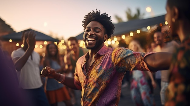 Young man dancing at outdoor party surrounded by friends