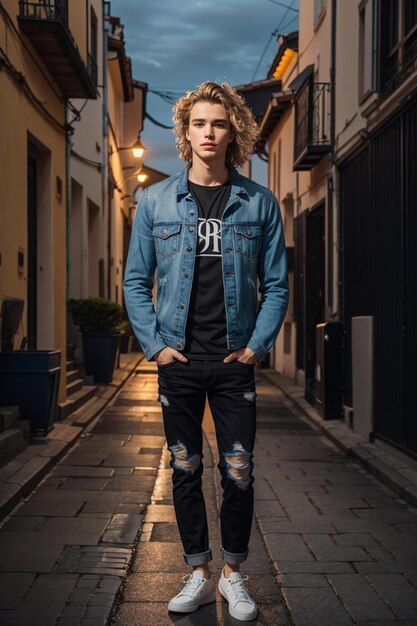 a young man in a denim jacket and jeans stands on a street.