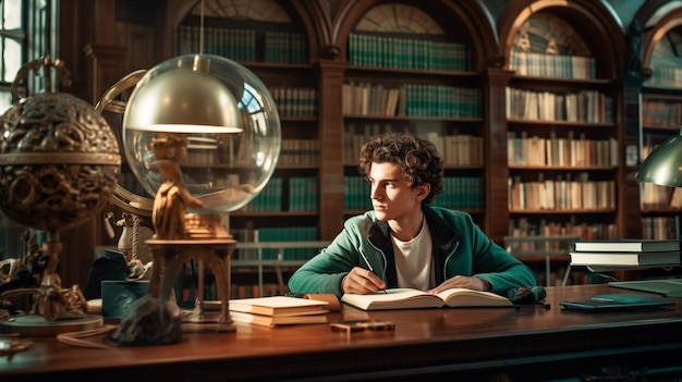 Young man at desk in a library studying with laptop in library, education stock images