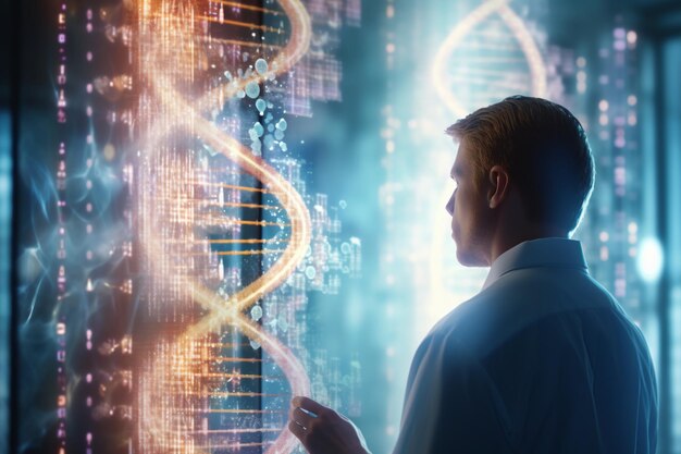 Young man and DNA hologram Science and medicine concept Double exposure