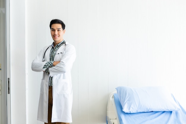 Young man doctor advising with positive emotions