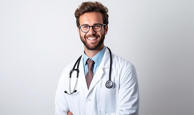 Young man in Doctor uniform with stethoscope on white background