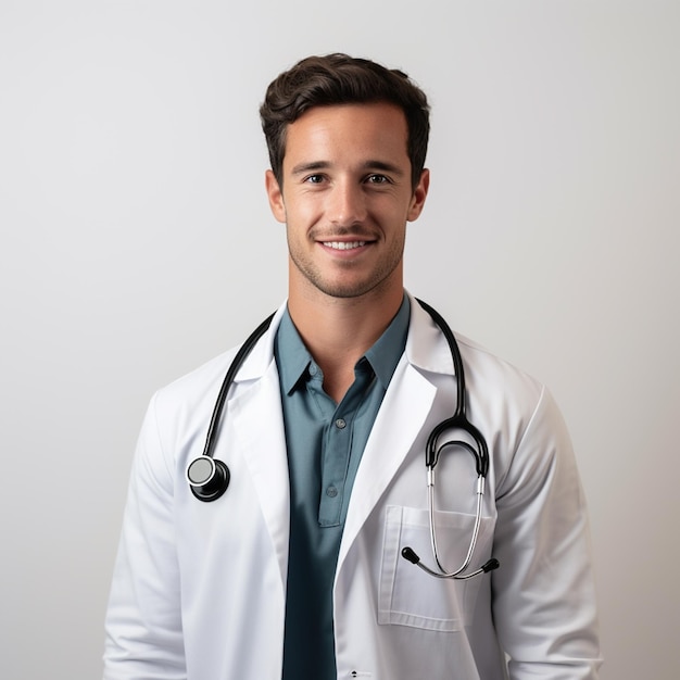 Young man in Doctor uniform with stethoscope on white background