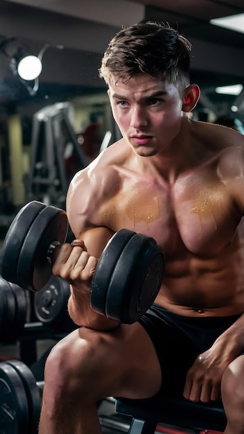 Young man doing heavy weight exercise in gym