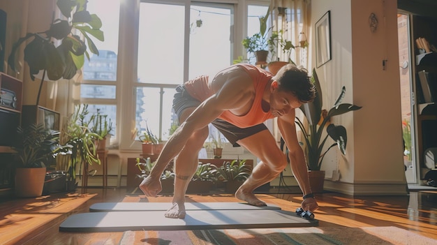 Young man doing yoga at home in the morning Man in sportswear doing yoga exercises on mat in living room with houseplants