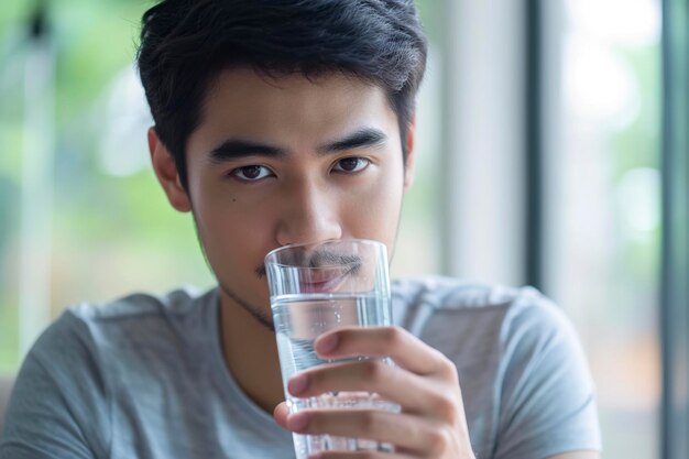 自然な水を飲んでいる若い男