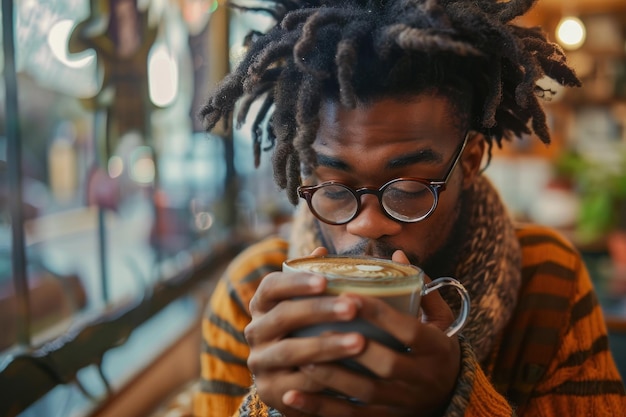 Photo young man drinks morning coffee with her eyes closed