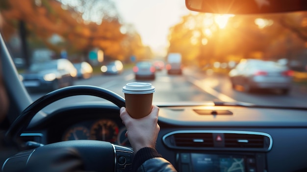 Young man driving car with coffee to go cup in hand multitasking and on the go lifestyle concept