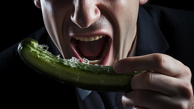 молодой человек ест кусок зеленого огурца на черном фоне