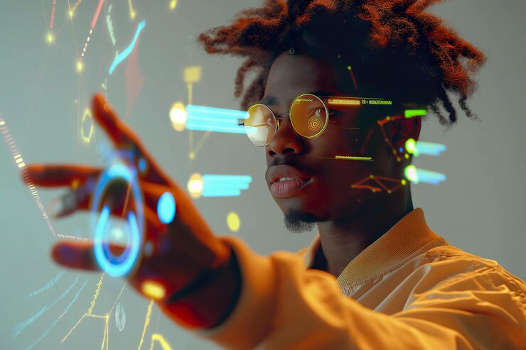 Photo young man engaging with advanced augmented reality interface in a modern tech environment
