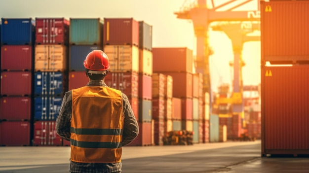 Photo a young man engineer working in container cargo warehouse at terminal commercial port for business logistics import export or freight transportation