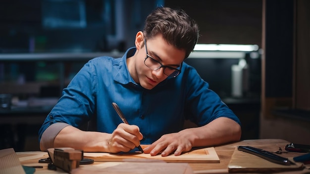 Young man engraving in wood