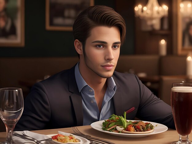 식당 에서 음식 을 즐기는 젊은 남자
