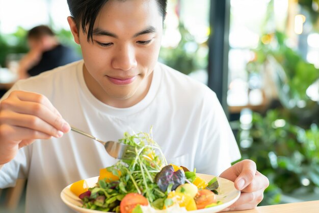 Photo young man enjoying fresh healthy salad in a bright modern cafe setting