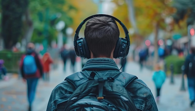 Young man enjoying music in autumn city