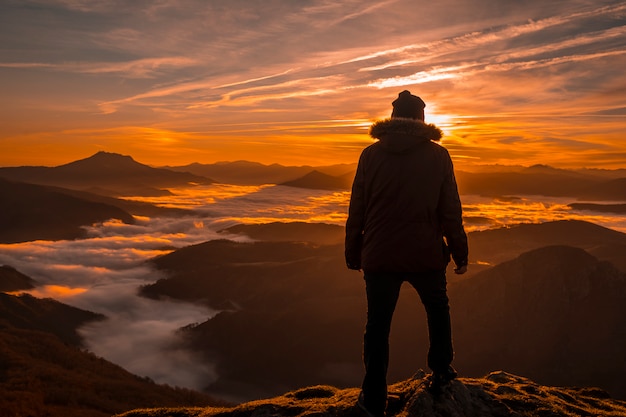 A young man enjoying the sunrise from Peñas de Aia with a sea of clouds below in Lesaka. Basque Country