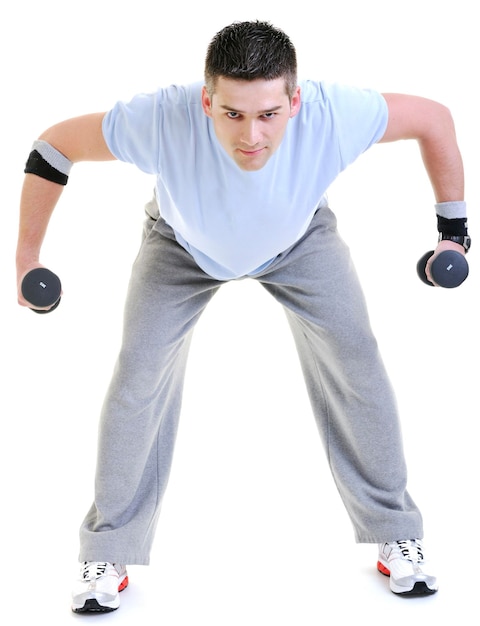 young man exercise fitness sport and strech isolated on white in studio