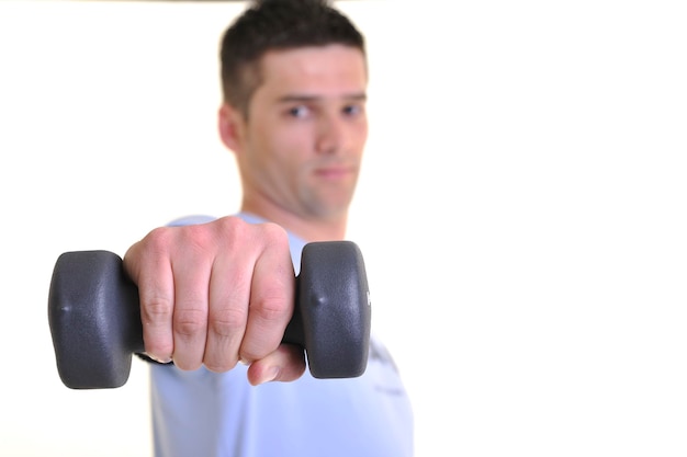 young man exercise fitness sport and strech isolated on white in studio