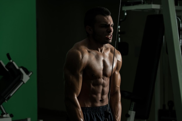 Young Man Exercise In The Gym  He Is Performing Two Arm Triceps Push Downs